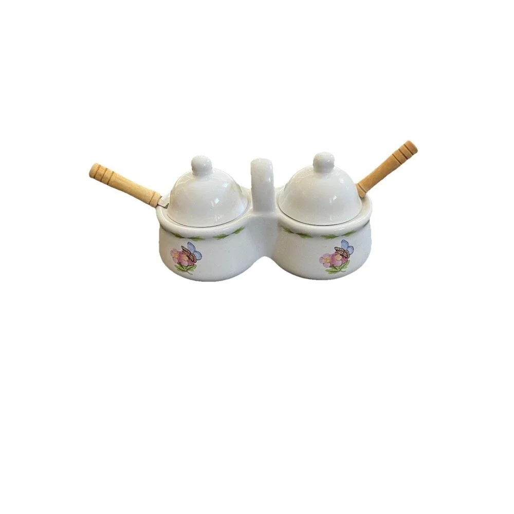 Hallmark‎ Double Condiment Ceramic Bowls Houston & Harvest #31832 w/spoons